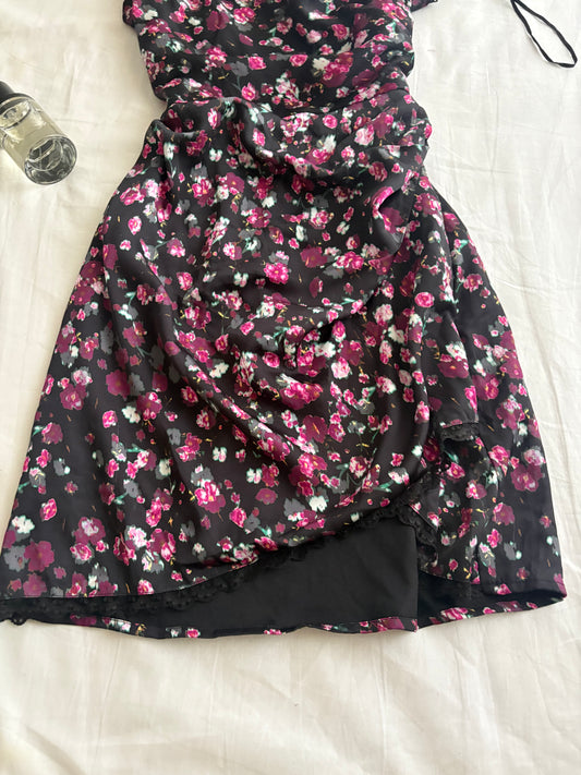 Black floral satin one shoulder dress
