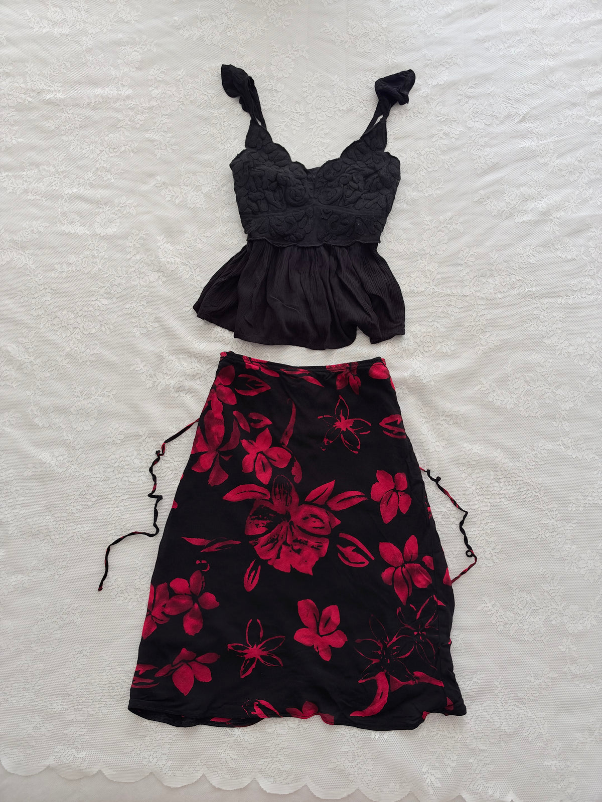 Red floral skirt
