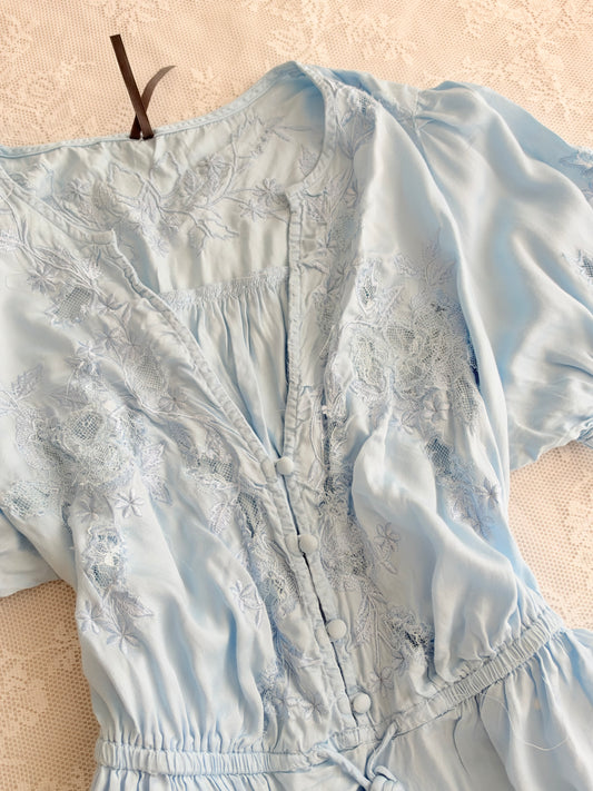 Blue embroidered satin top