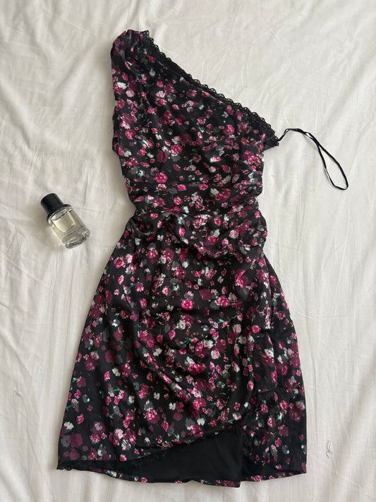 Black floral satin one shoulder dress