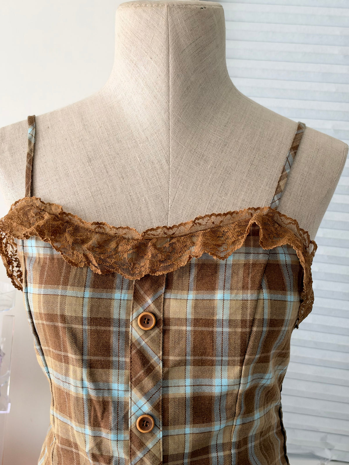 Brown blue plaid top