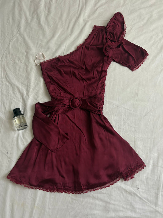 Maroon satin belt top