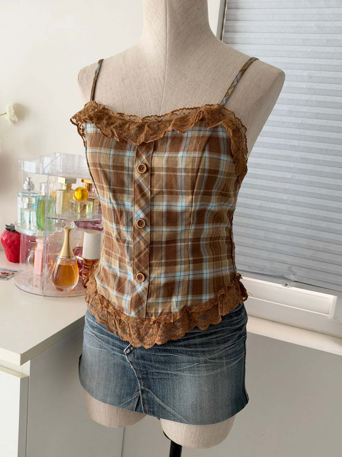 Brown blue plaid top